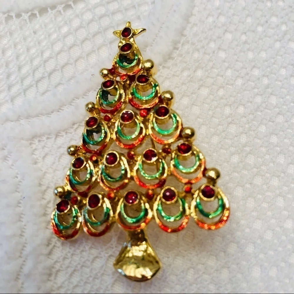 Christmas Brooch Bundle FIVE Gold Red Green Bell Tree Holiday Pins
